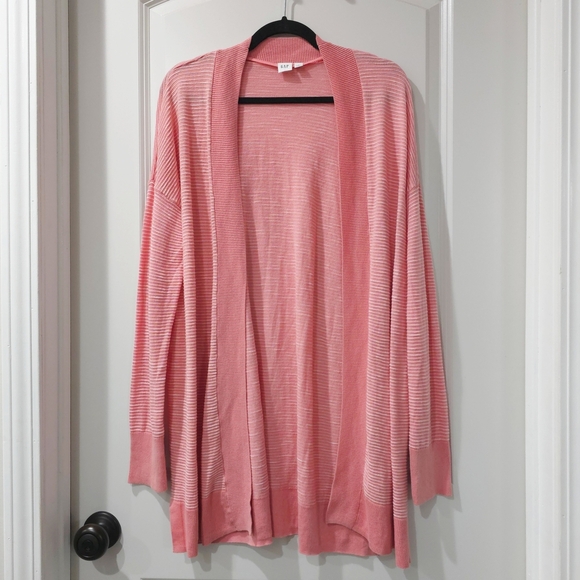 GAP Textured Longline Open-Front Striped Soft Coral Pink Cardigan Sweater, M - Picture 2 of 12